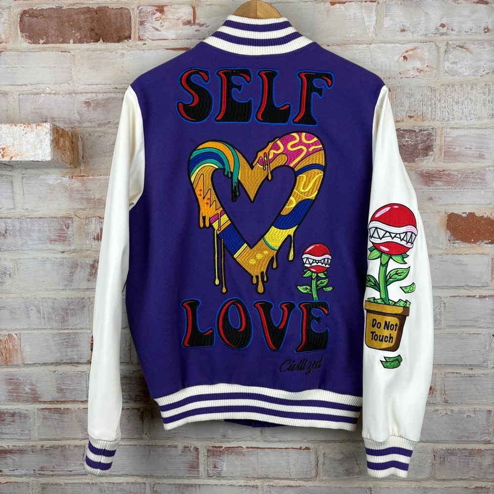 Civilized Self Love Varsity Jacket Small Purple Embroidered Letterman Bomber -S - Picture 3 of 16